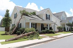 A house with a tree down in front of it photo