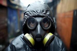 A man wearing a gas mask in an alley photo
