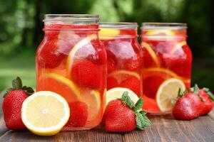 Three jars of strawberry lemonade with lemon slices photo