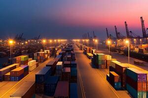 A view of a port at dusk with containers stacked on top photo