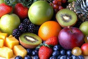 A pile of fruit with a kiwi, strawberries, blueberries, and oranges photo