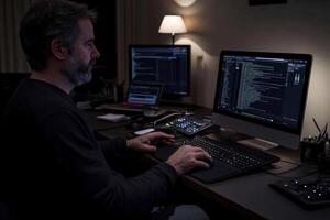 A man is sitting at a desk with two computers and a keyboard photo