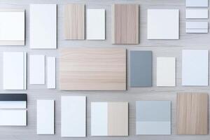 Various types of wood and white paper on a table photo