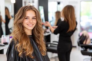 A woman is smiling while sitting in a salon photo
