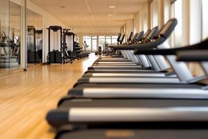 A row of tread machines in a gym photo