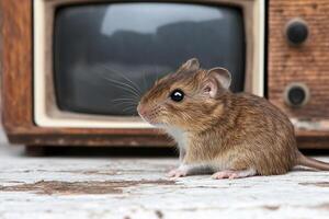 A mouse is sitting on a wooden floor near an old television photo
