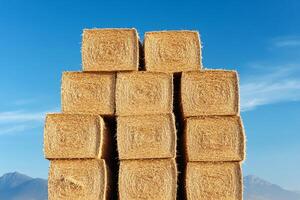 Stack of hay on the mountain background photo
