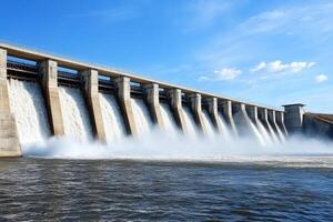 A large dam with water flowing over it photo