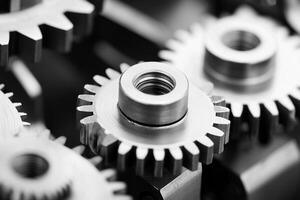 Black and white image of gears in a machine photo