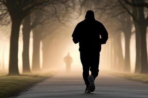 A man jogging down a path in the fog photo