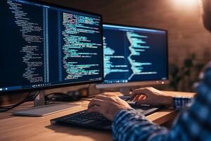 A man is working on a computer with code on the screen photo