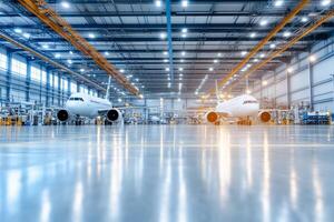 An airplane is sitting in a large factory photo