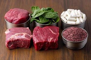 Various types of meat and supplements in metal containers photo