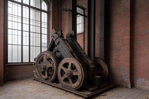 An old machine in a room with a window photo