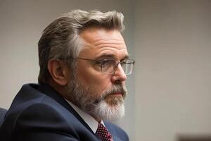 A man with a beard and glasses sitting in a chair photo