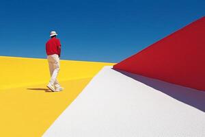 A man in a red shirt and white pants is walking on a yellow and red striped surface photo
