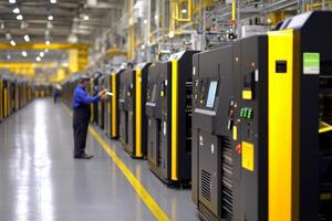 A man is standing in front of a row of machines photo