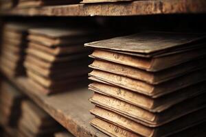 Old books stacked on a shelf in a library photo