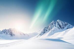 A snowy mountain range with a bright aurora borealis photo