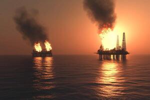 Oil platforms in the ocean with smoke coming out of them photo