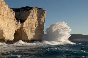 A large wave crashing into the cliffs of the ocean photo