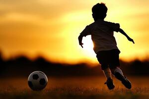 A boy playing soccer in the sunset photo