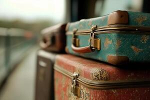 A stack of suitcases sitting on a table photo
