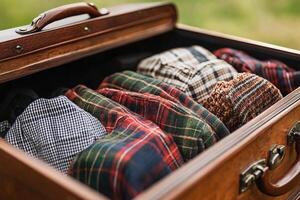 A suitcase filled with plaid shirts and ties photo