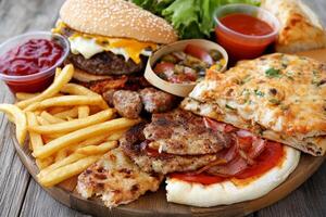 A plate with various foods including pizza, hamburger, fries and salad photo