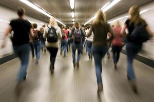 A group of people running in a subway photo