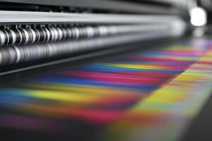 A large printer with a rainbow colored print on it photo