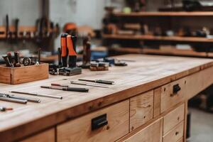 A workbench with a variety of tools on it photo