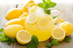 A pitcher of lemonade with slices of lemons photo