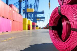 A stack of pink wires in front of a container photo