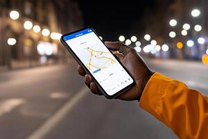 A man holding a smartphone with a map on the screen photo