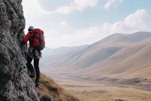 A man with a backpack climbing on a mountain photo