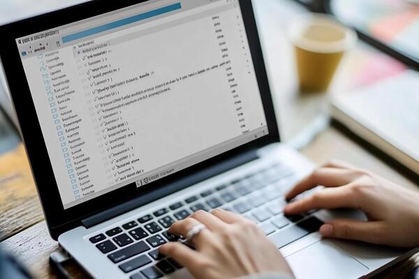 A person is typing on a laptop with a list of files