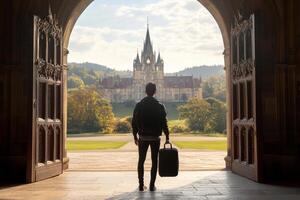 A man with a suitcase standing in front of an archway photo