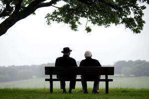 Two men sitting on a bench in front of a tree photo