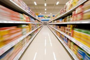 A long aisle in a grocery store with motion blur photo