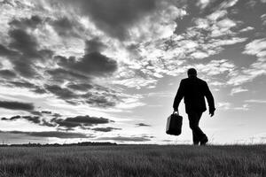 A man walking in a field with a suitcase photo