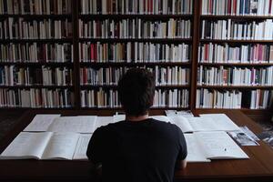A man sitting at a desk in front of a bookshelf photo