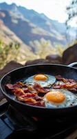 Scrumptious Outdoor Breakfast with Eggs and Bacon photo