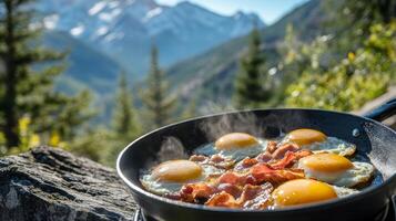 Mountaintop Breakfast Scrambled Eggs and Bacon with a Breathtaking View photo