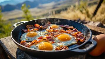 Scrumptious Outdoor Breakfast of Eggs and Bacon photo