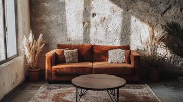 Rustic Living Room with Warm Brown Sofa and Stylish Decor photo