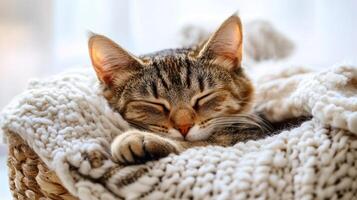 Sleepy Tabby Cat Napping in a Cozy Knitted Blanket photo