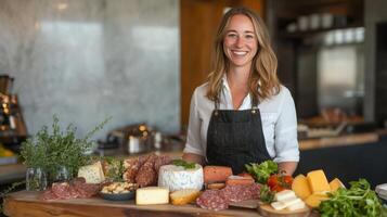A Delightful Cheese and Meat Platter Displayed by a Woman photo
