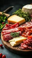 A luxurious cheese and sausage board, offering a sensory delight photo
