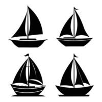 A set features nautical icons of sailing ships, yachts, and boats navigating the sea with sails catching the ocean breeze vector